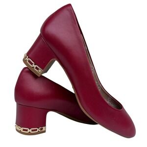 Michael Michael Kors Women Red Leather Block Heel Pumps MK Chain Detail 7M